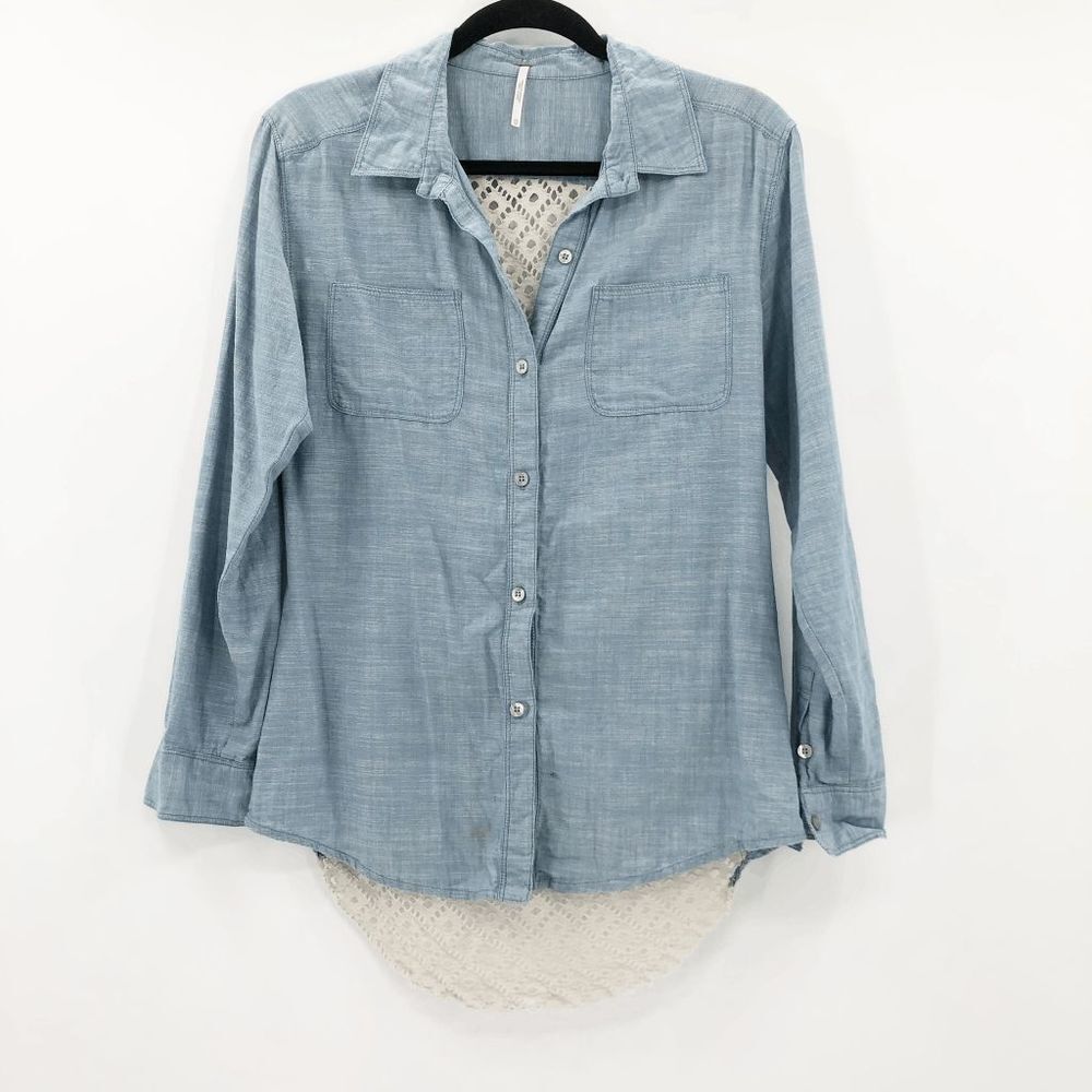 Free People Women's Blue Cream Back Lace Long Sleeve Button Down Shirt Size XS